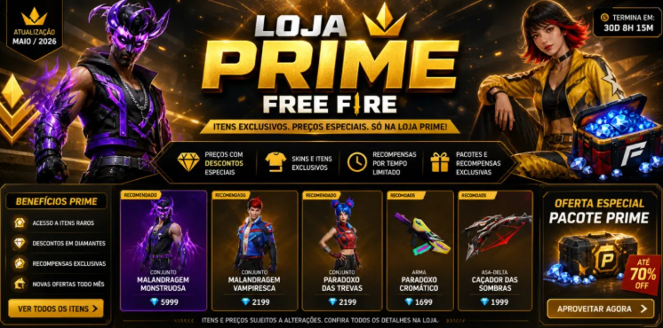 Loja Prime Free Fire maio de 2026: veja os itens disponíveis e o que compensa comprar
